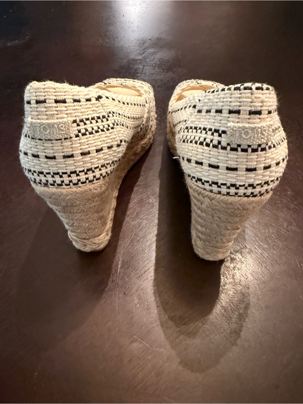 Toms Cream and Black Woven Peep-Toe Wedges - Picture 3 of 3